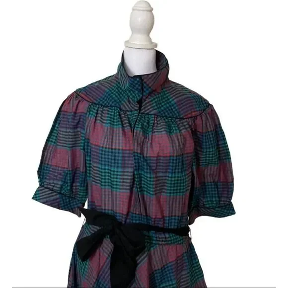 Millicent California Vintage Plaid Womens Puff Short Sleeve Belted Dress US 14 - Picture 7 of 8